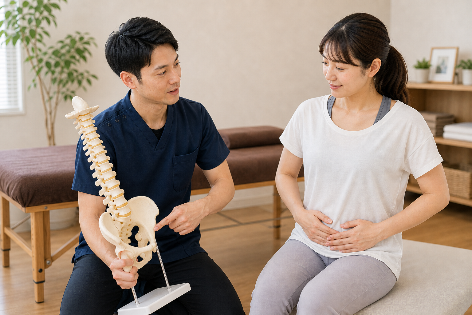 整体院で骨格とお腹の調子について相談する日本人女性のイメージ