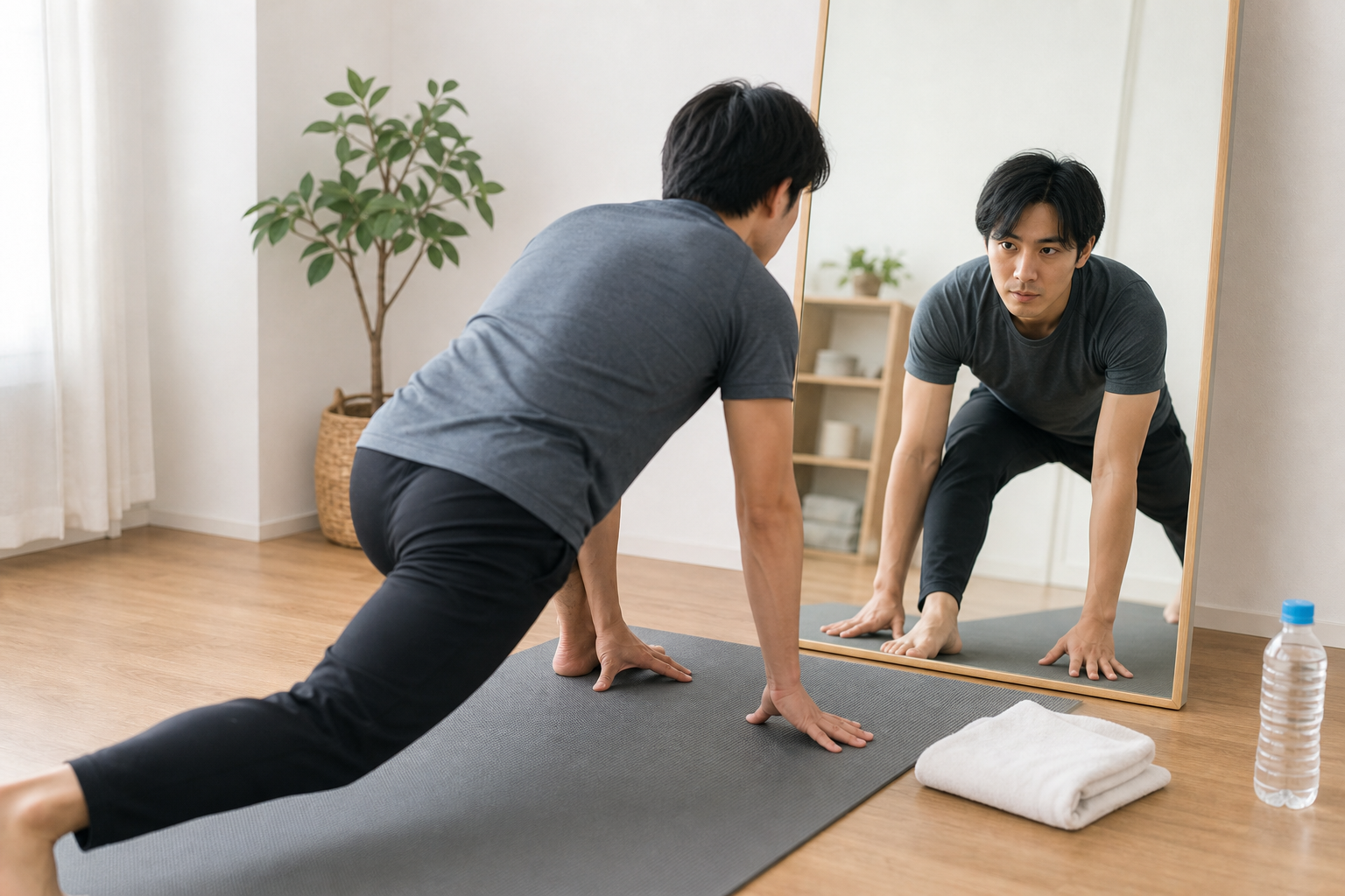 鏡で姿勢を確認しながらストレッチ効果を高める日本人男性のイメージ