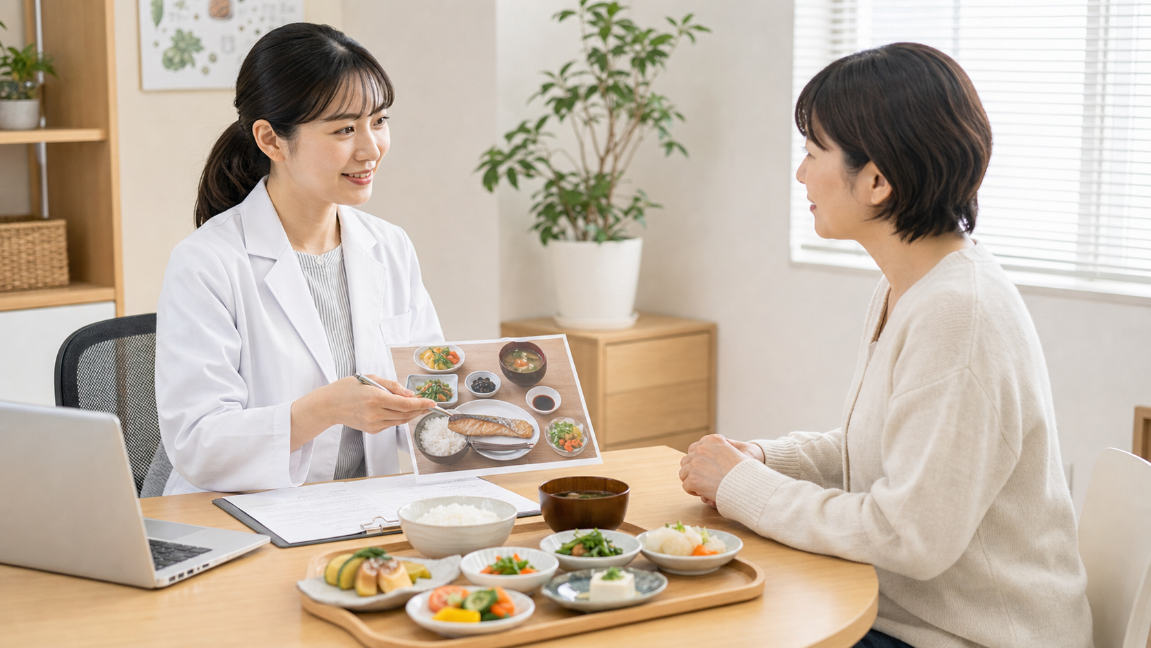食事内容について医療者に相談する日本人女性のイメージ