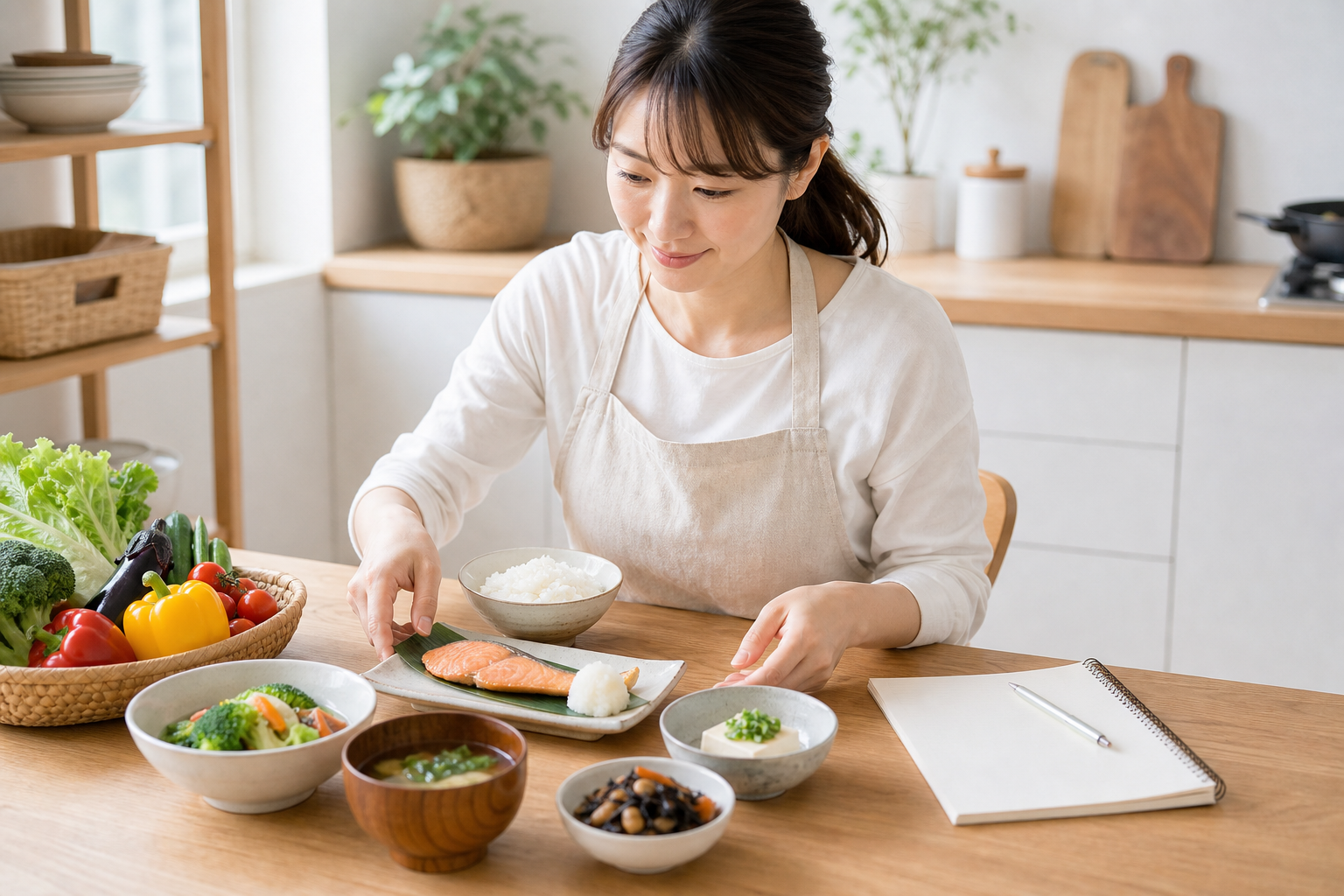 主食と主菜と副菜をそろえた献立を考える日本人女性のイメージ