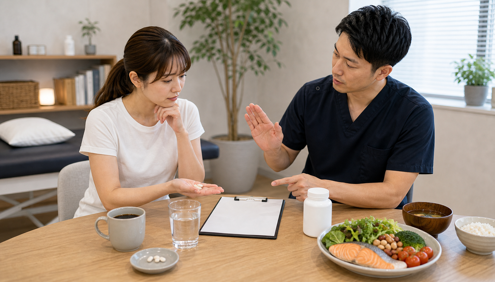 ビタミンB群サプリで避けたい飲み方を食事と一緒に確認するイメージ