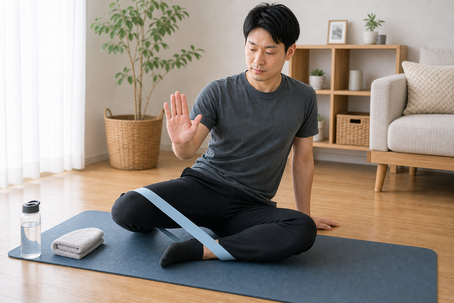 無理な膝の矯正を避けるため注意を示す日本人男性のイメージ