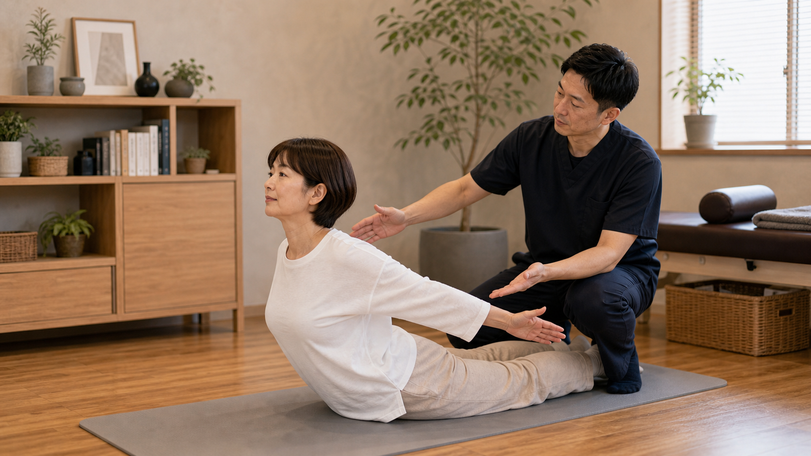 姿勢改善トレーニングを整体師が安全なフォームで指導するイメージ