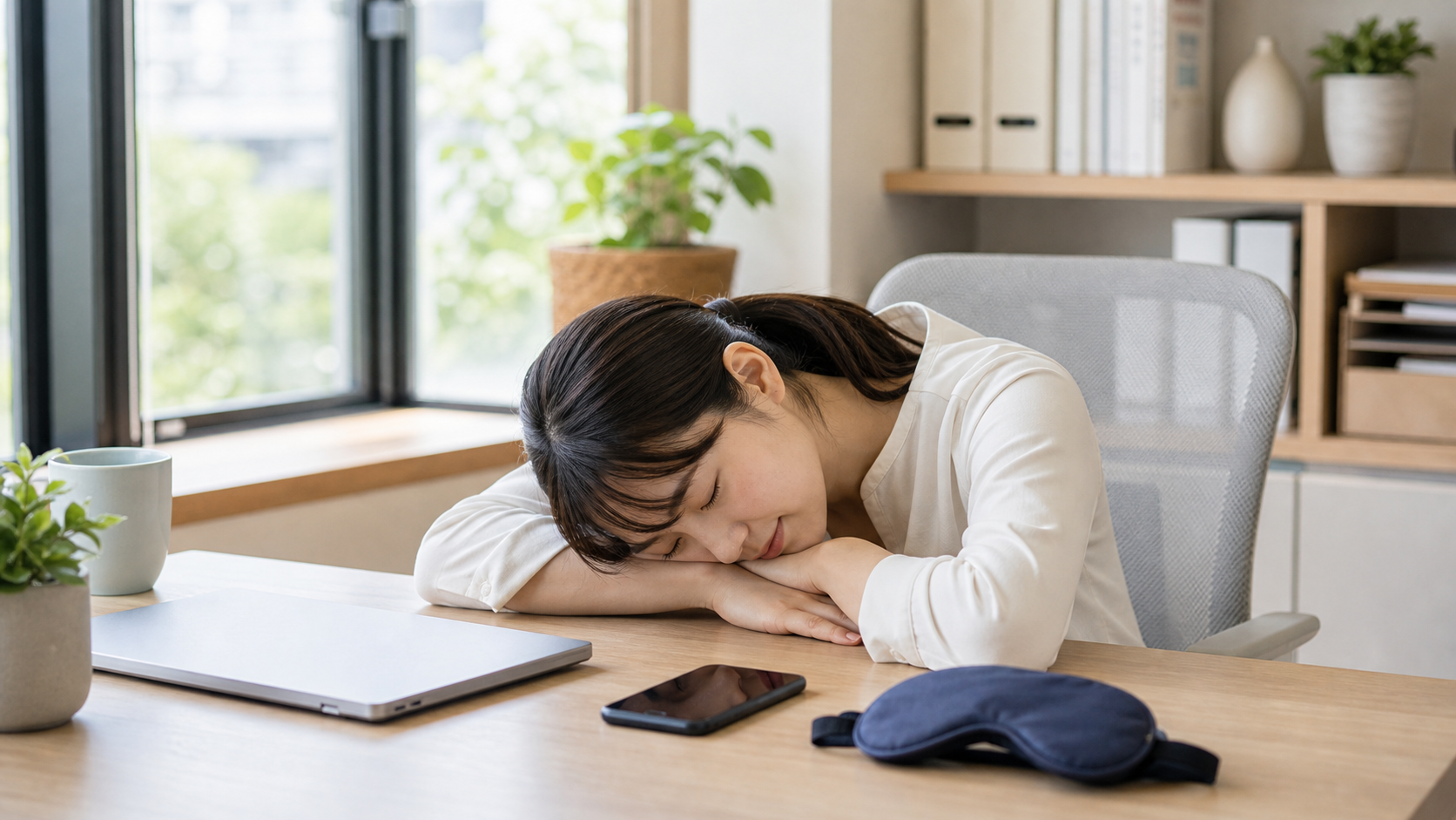 明るい室内で短い昼寝をとる日本人女性のイメージ