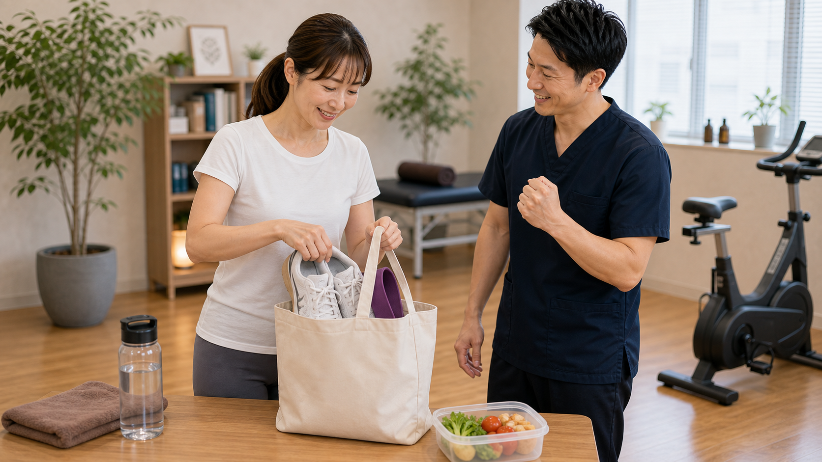リバウンド防止のための運動と食事の準備を整体師が支えるイメージ