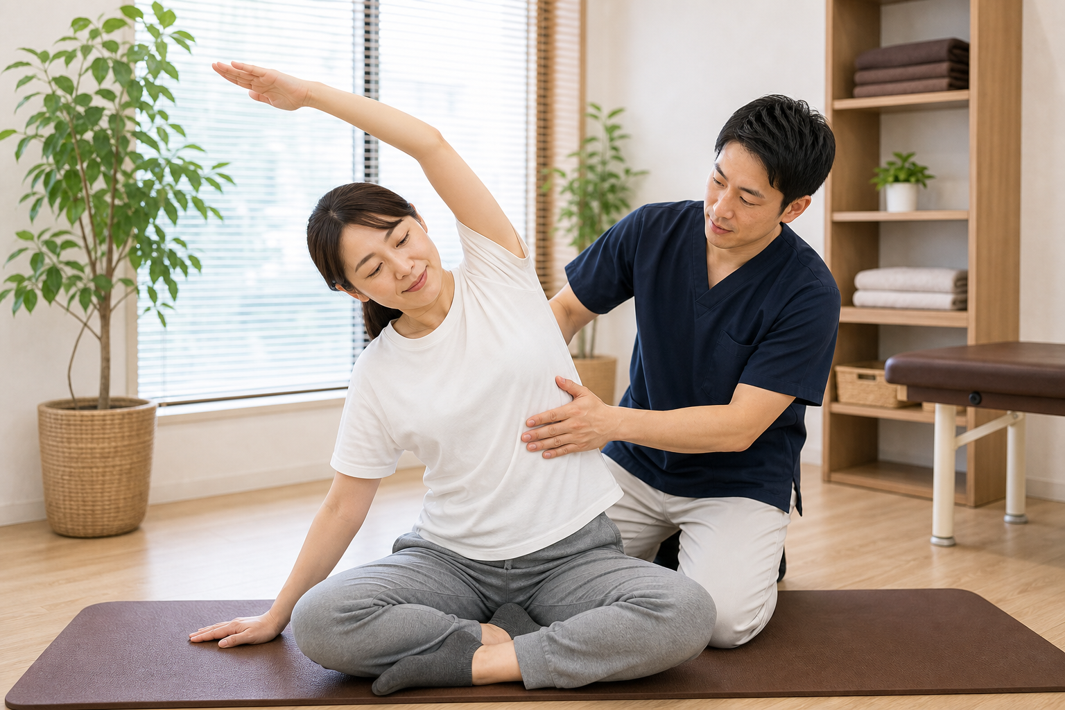 肋骨の可動性を高める側屈ストレッチを整体師が指導するイメージ