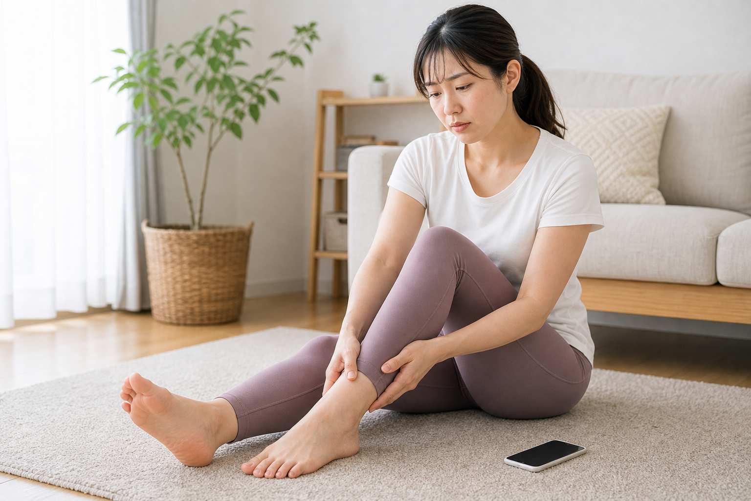 脚のむくみを確認し受診を考える日本人女性のイメージ