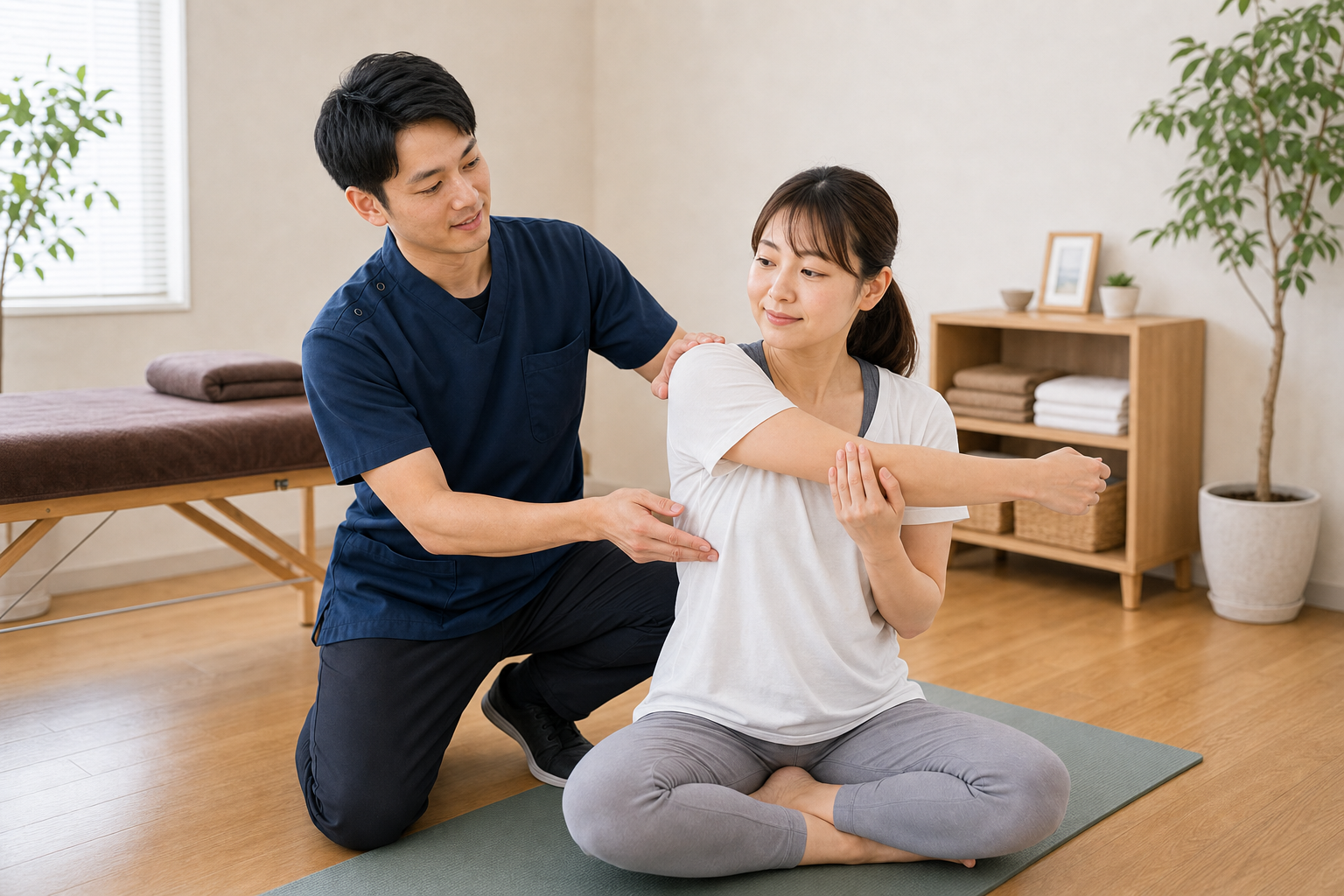 整体院で肩周りのストレッチを指導する施術者のイメージ
