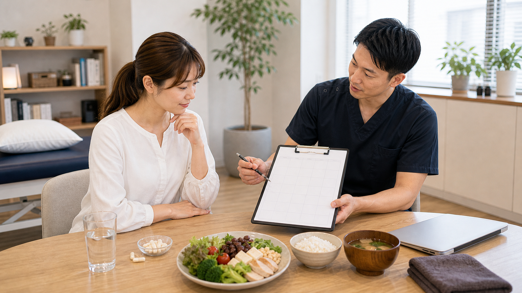 ビタミン習慣の3ヶ月計画を食事と一緒に相談するイメージ