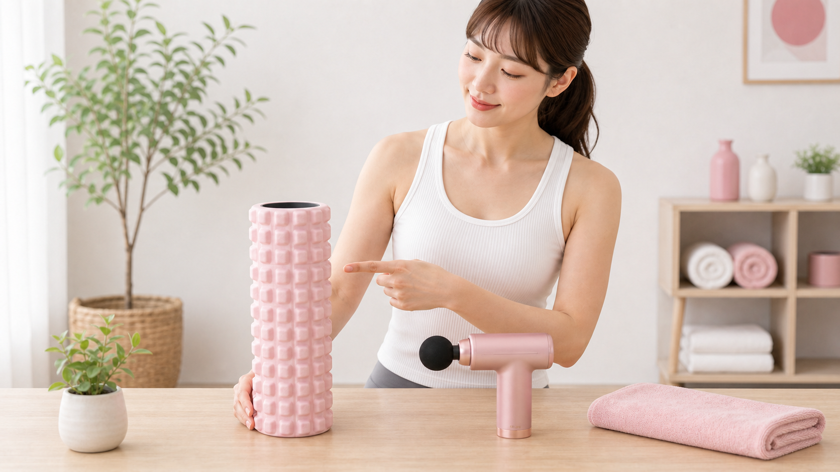 フォームローラーとマッサージガンを並べて比較する日本人女性のイメージ