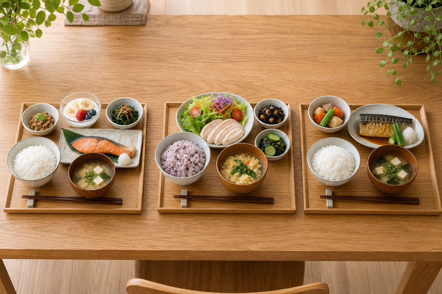 朝食と昼食と夕食の献立例を並べた和食のイメージ