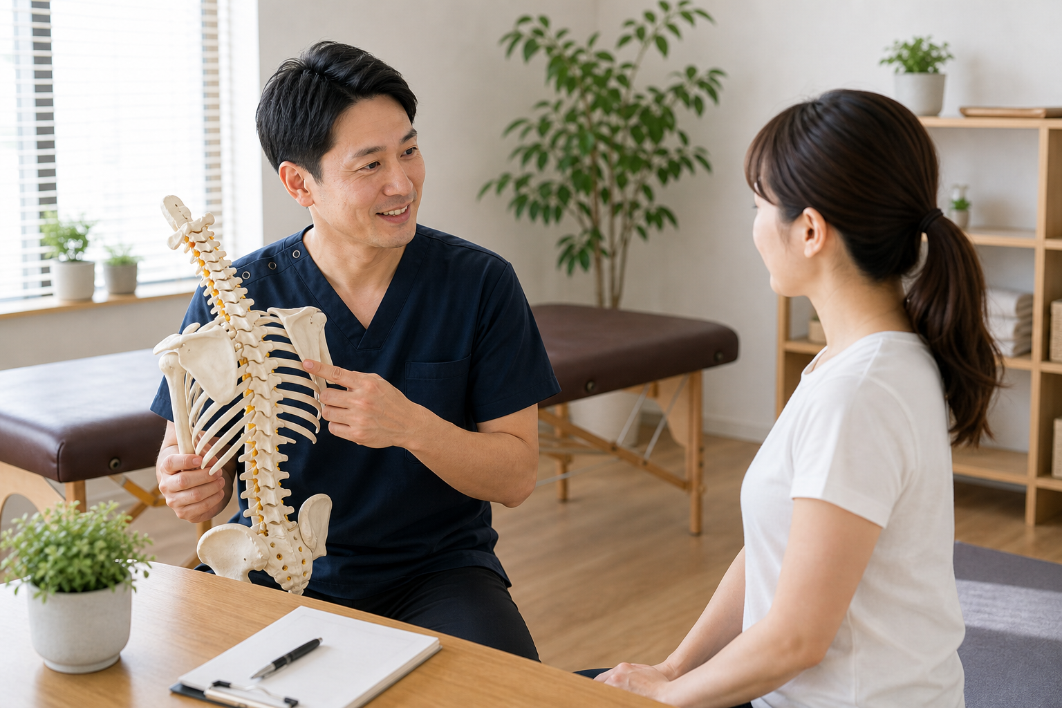 整体院で胸を開く姿勢と肩の位置について相談する日本人女性のイメージ