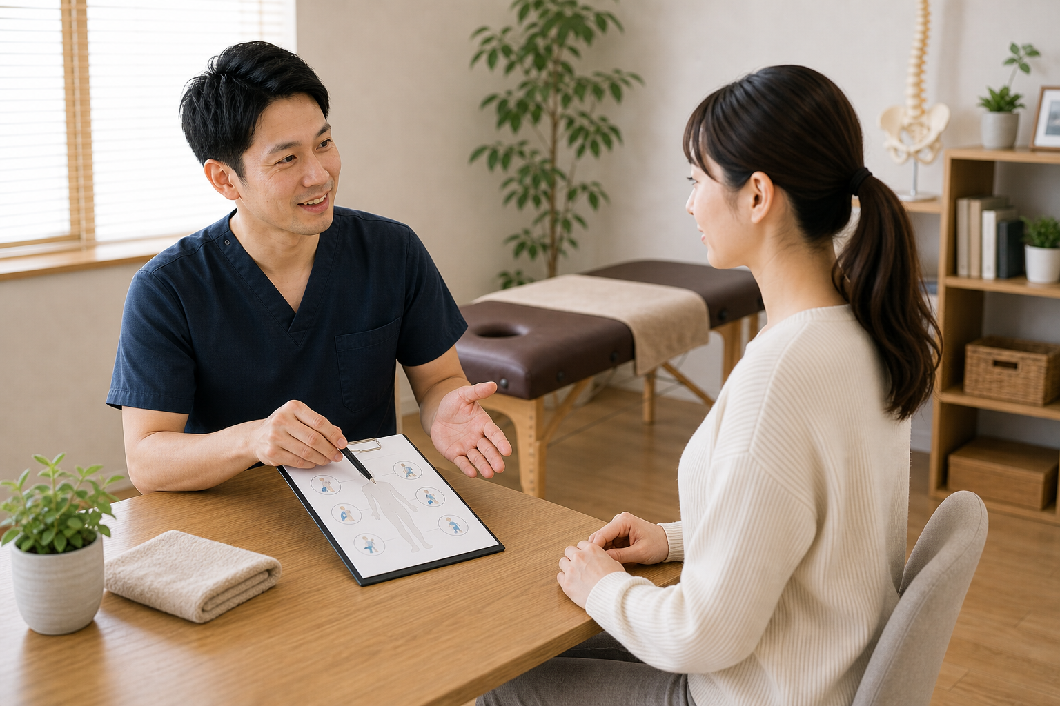 整体院でリラックスと根本改善を組み合わせた施術方針を説明するイメージ