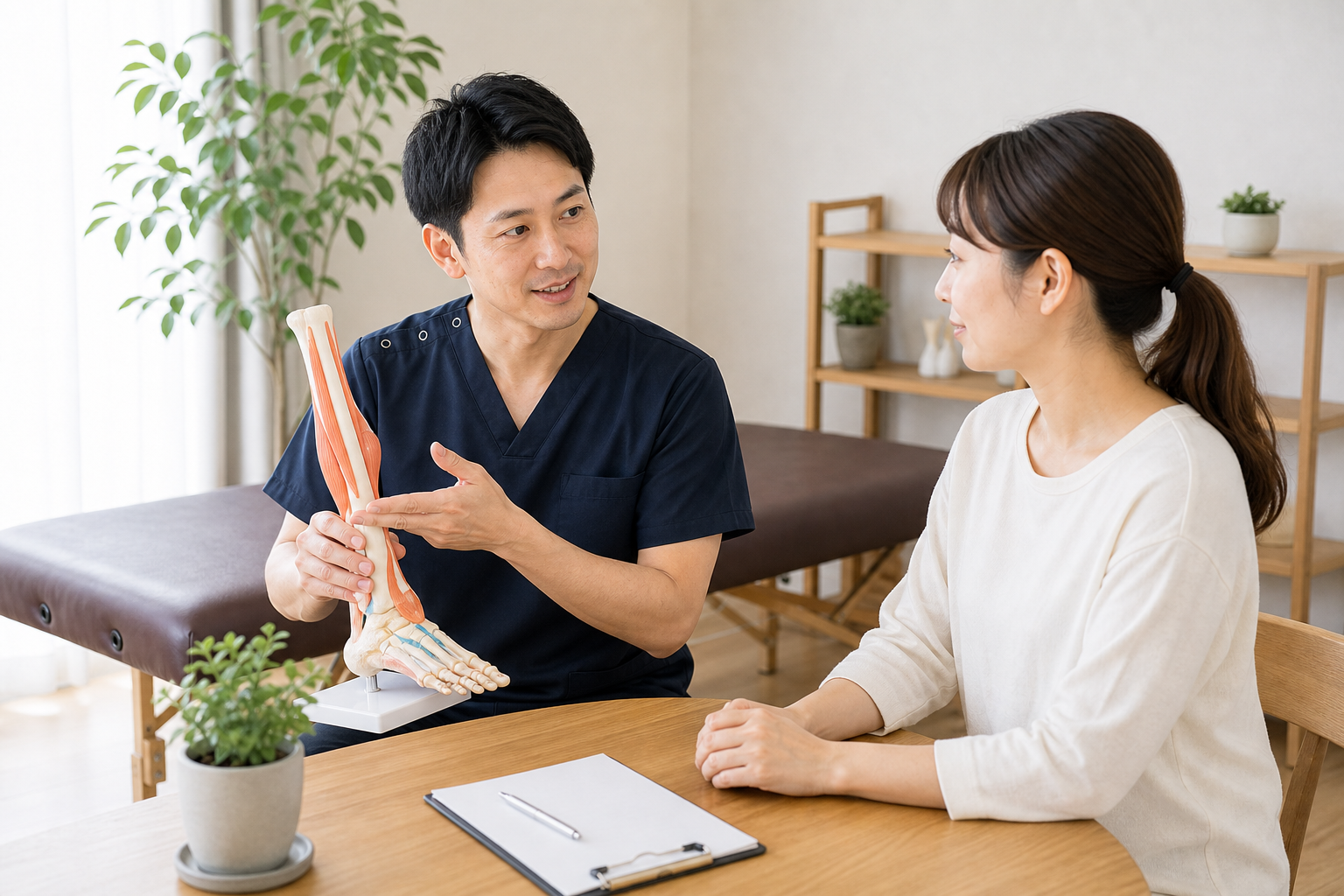 整体院でむくみと姿勢について相談する日本人女性のイメージ