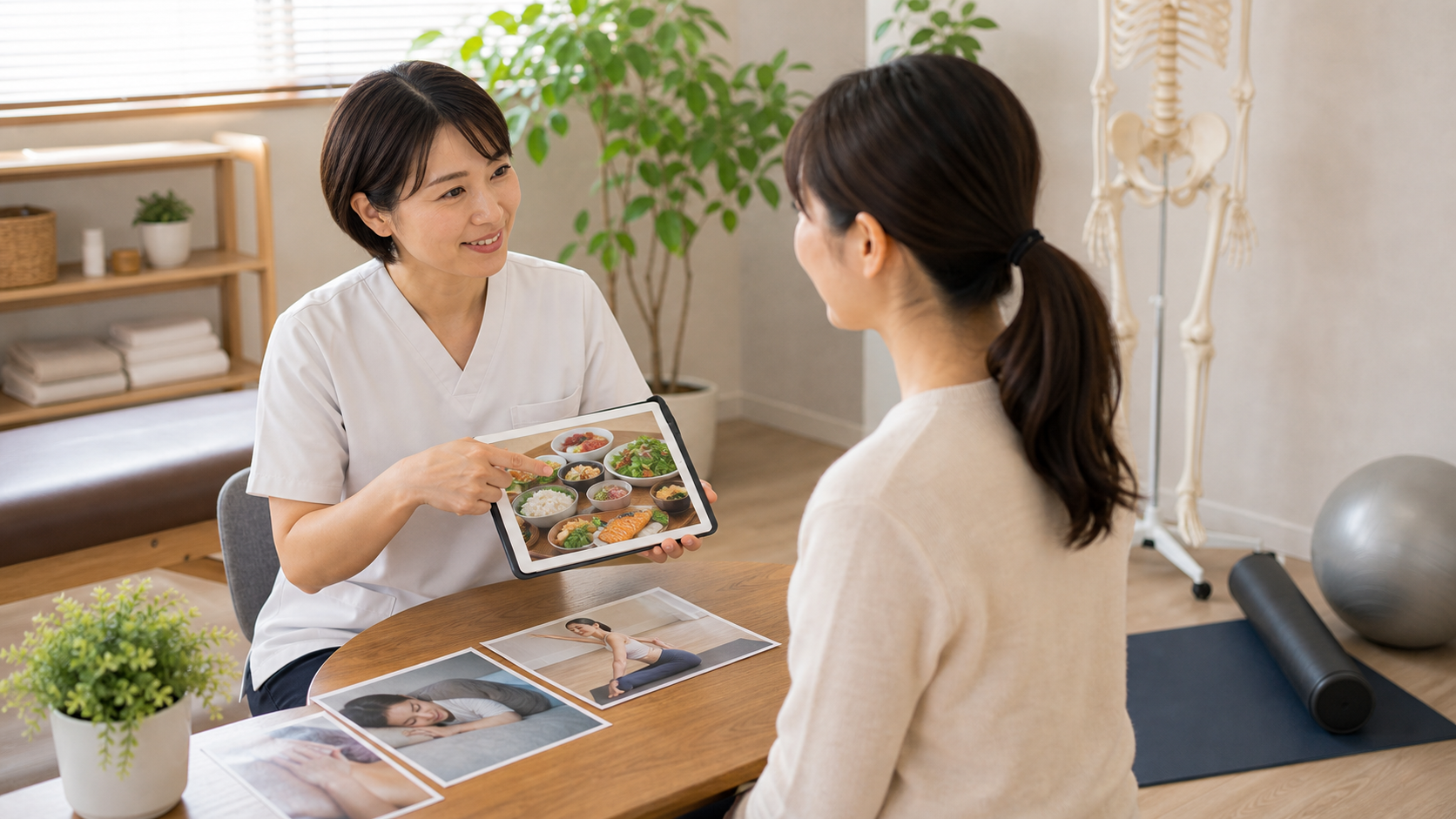食事と身体ケアについて整体院で相談する日本人女性のイメージ