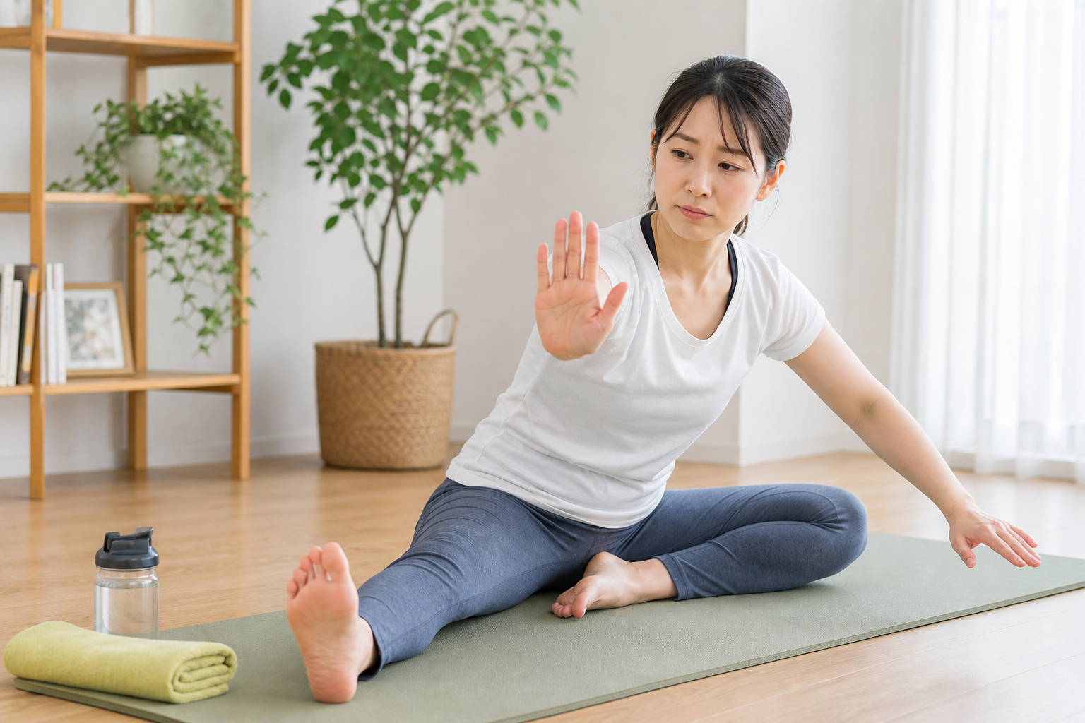 無理なストレッチを避けるため手で合図する日本人女性のイメージ