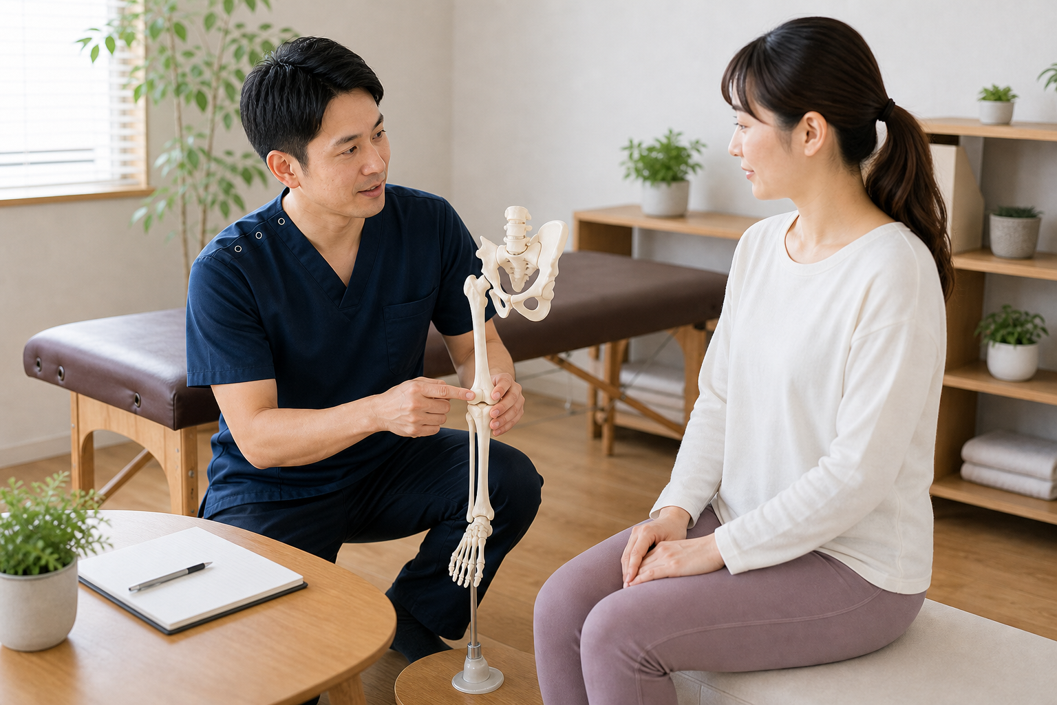 整体院で骨盤と膝と足首の連動について相談する日本人女性のイメージ