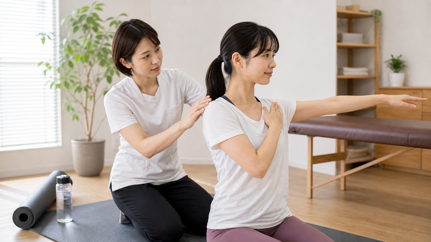 整体院で肩まわりの動きを確認する日本人女性のイメージ