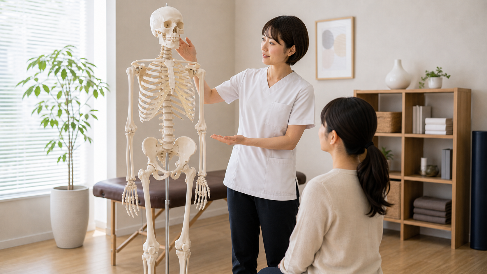 全身骨格模型を使って頭部から下肢までの骨格を説明する日本人施術者のイメージ