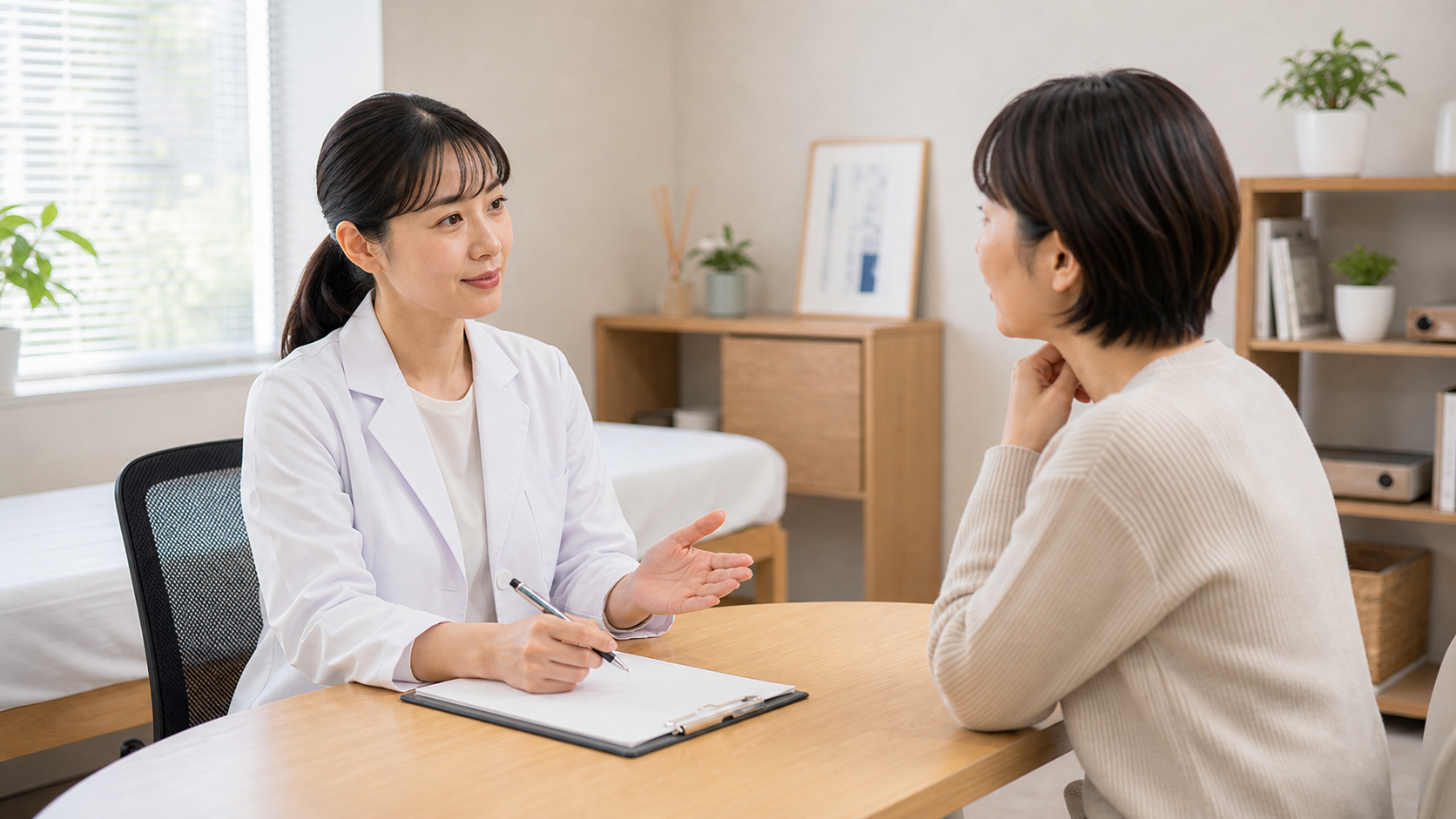 睡眠の悩みについて医療者に相談する日本人女性のイメージ