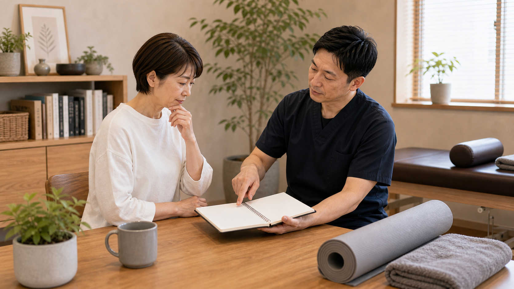 3ヶ月の姿勢改善計画を整体師と相談するイメージ