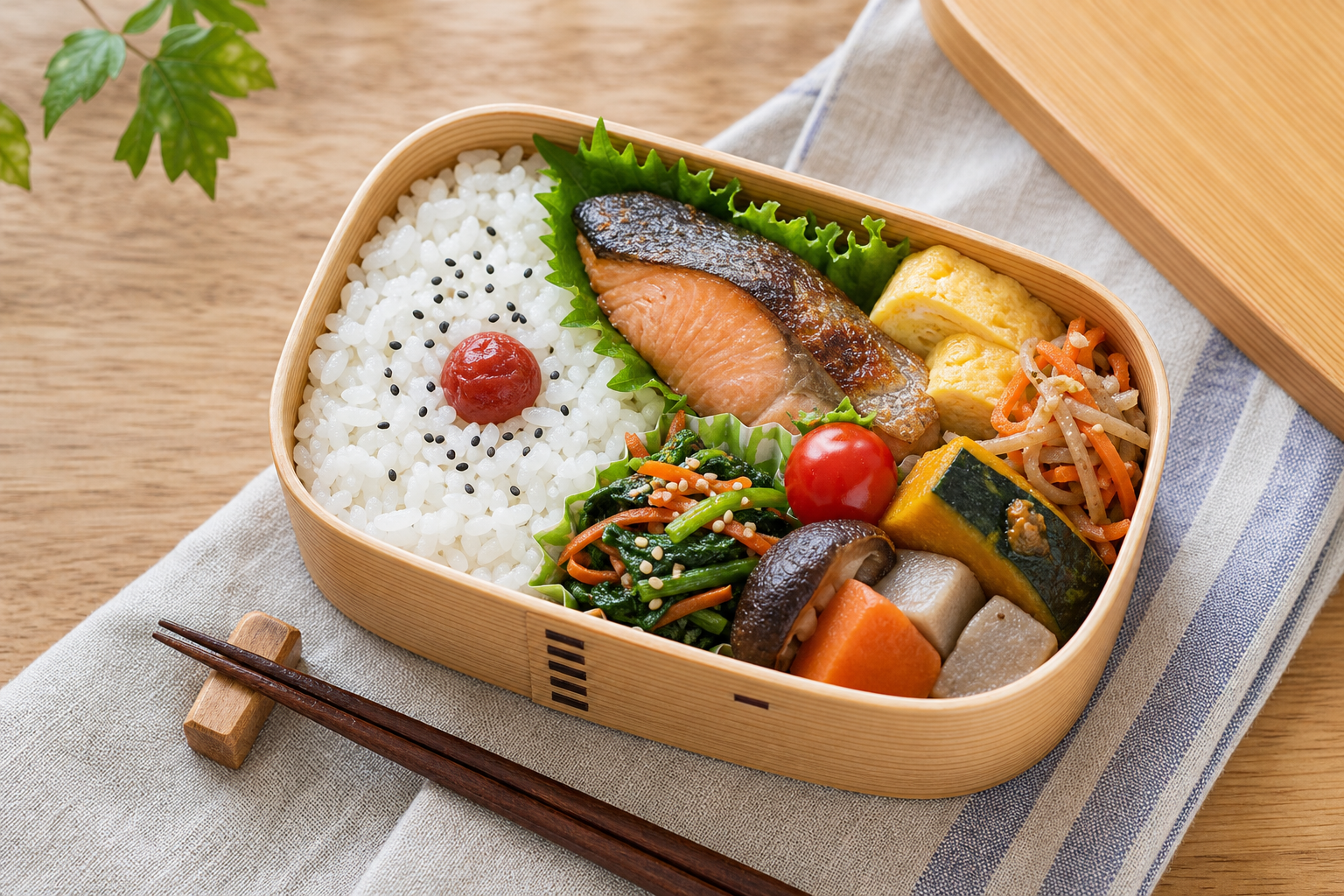 主食と主菜と副菜をバランスよく詰めた和風弁当のイメージ