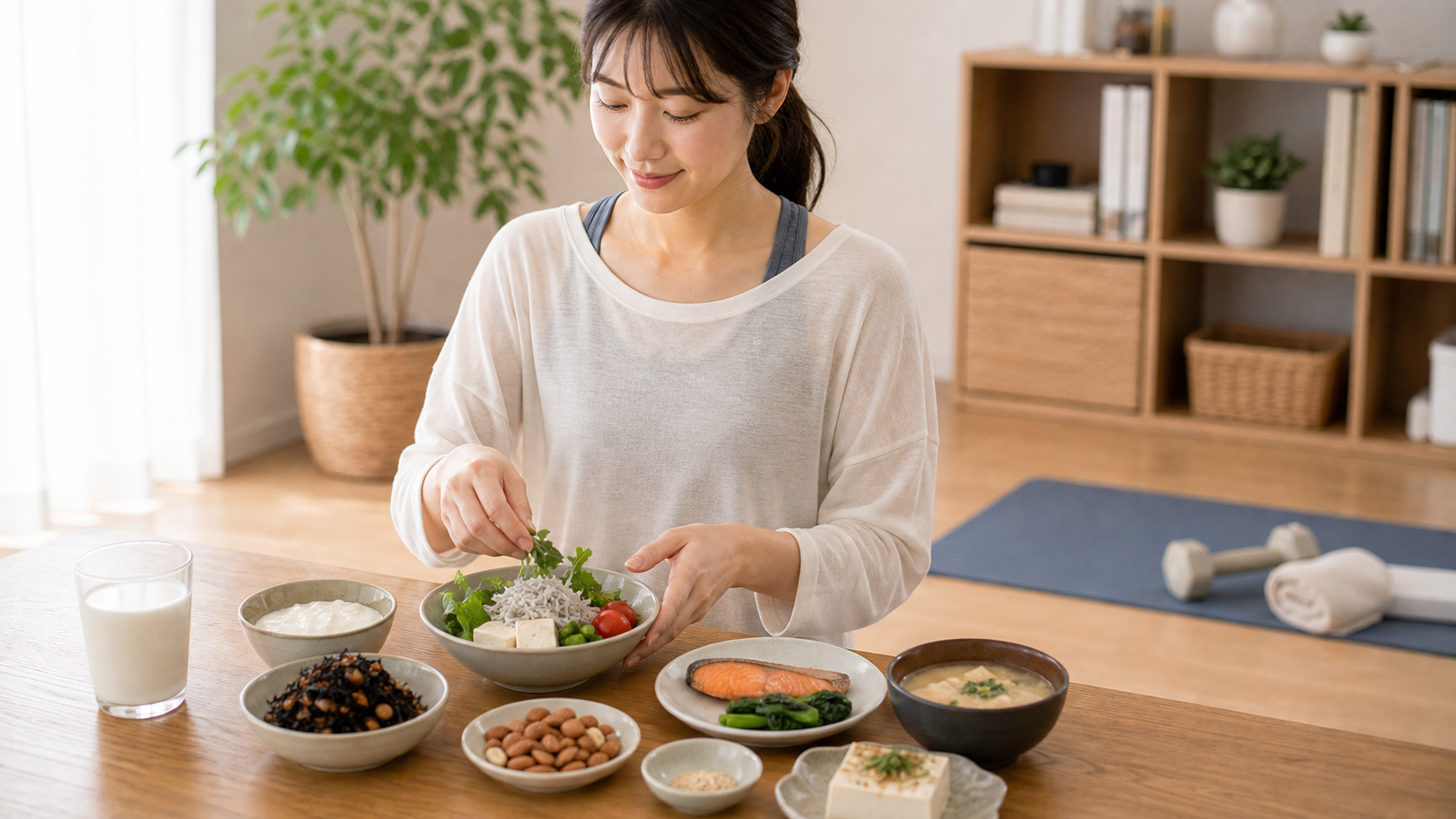 骨の健康を意識した食事と運動を準備する日本人女性のイメージ