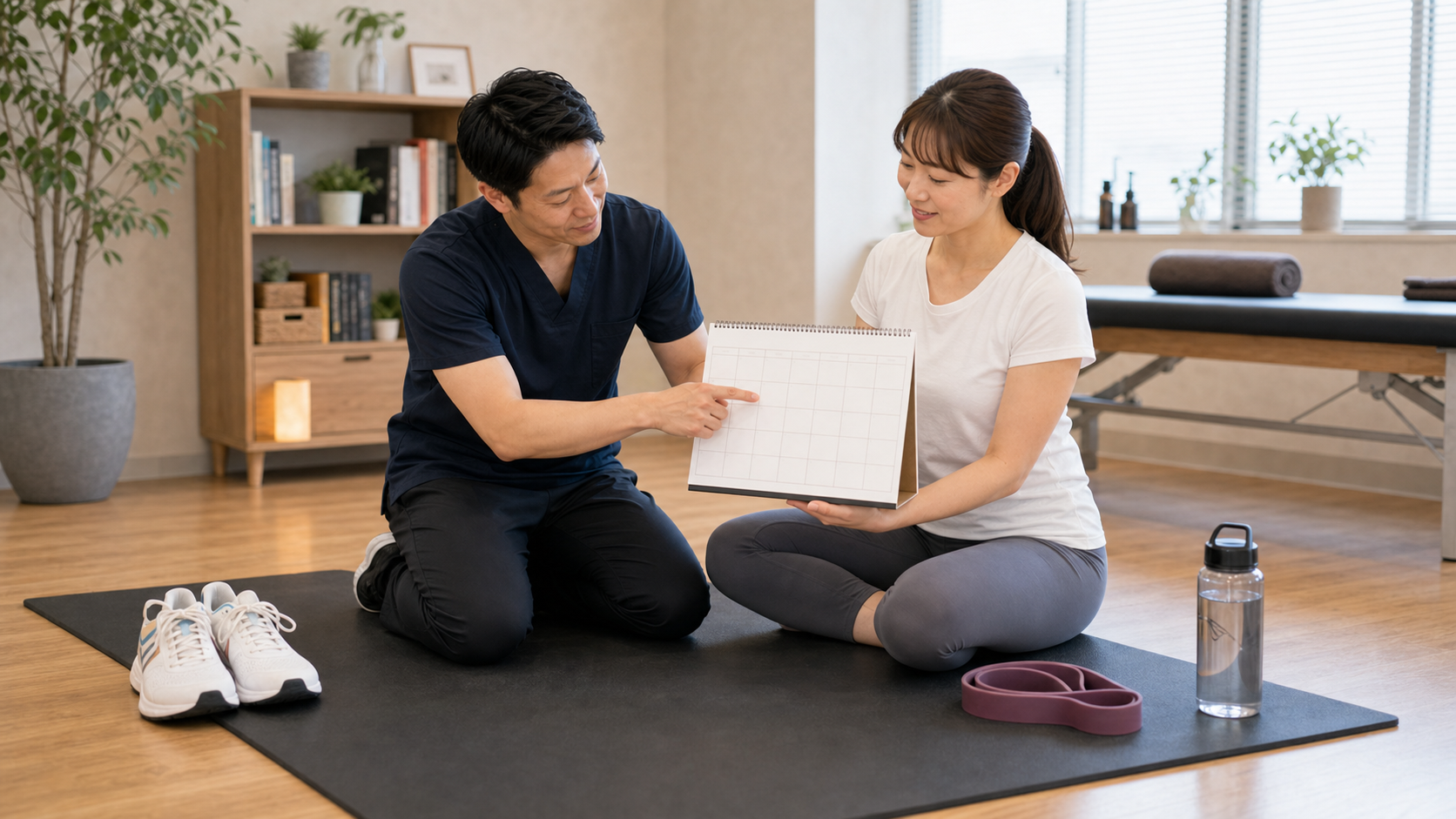 運動習慣を続けるための計画を整体師と確認するイメージ