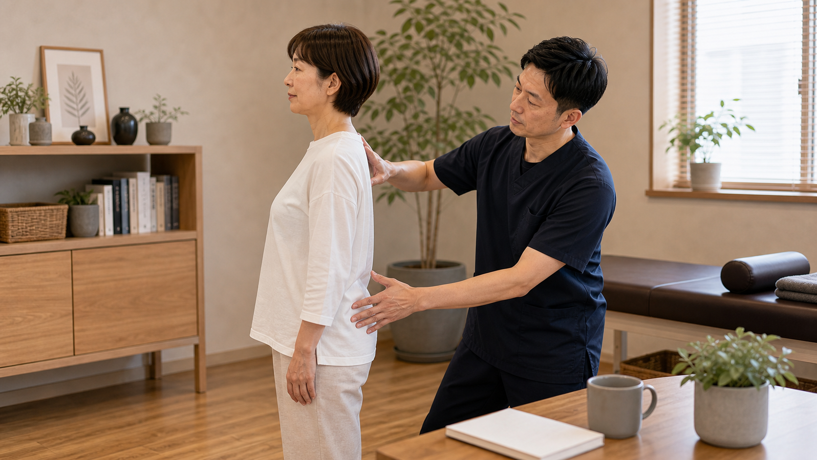 無理な姿勢ではなく自然な正しい姿勢へ整体師が導くイメージ
