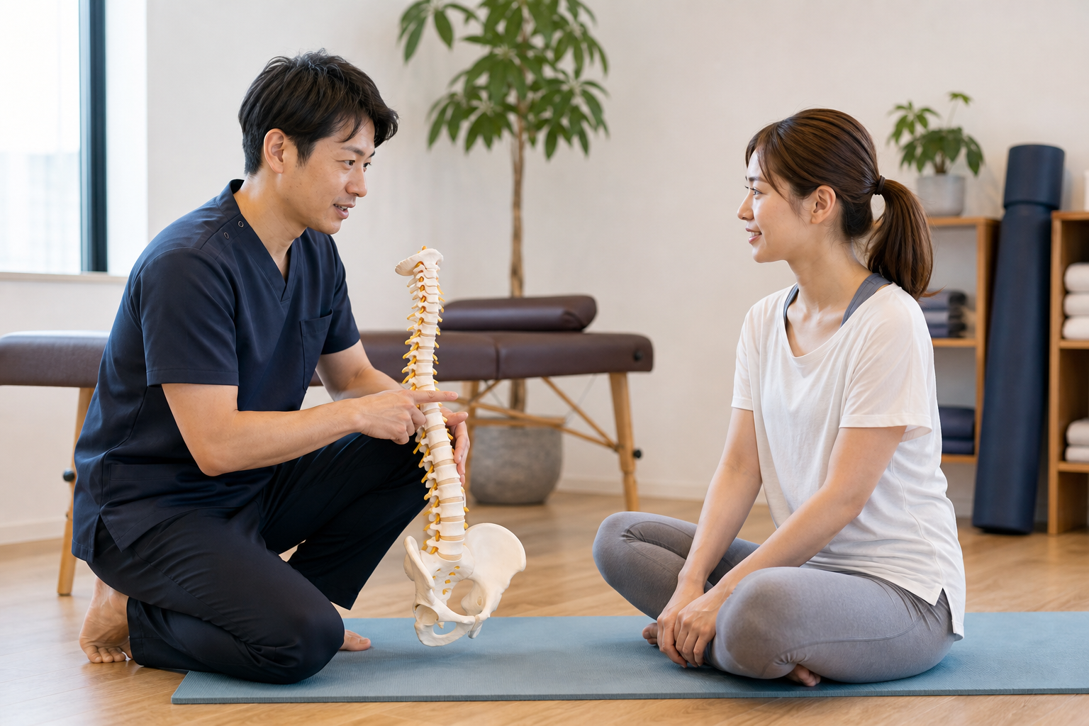 整体院でストレッチと姿勢について相談する日本人女性のイメージ