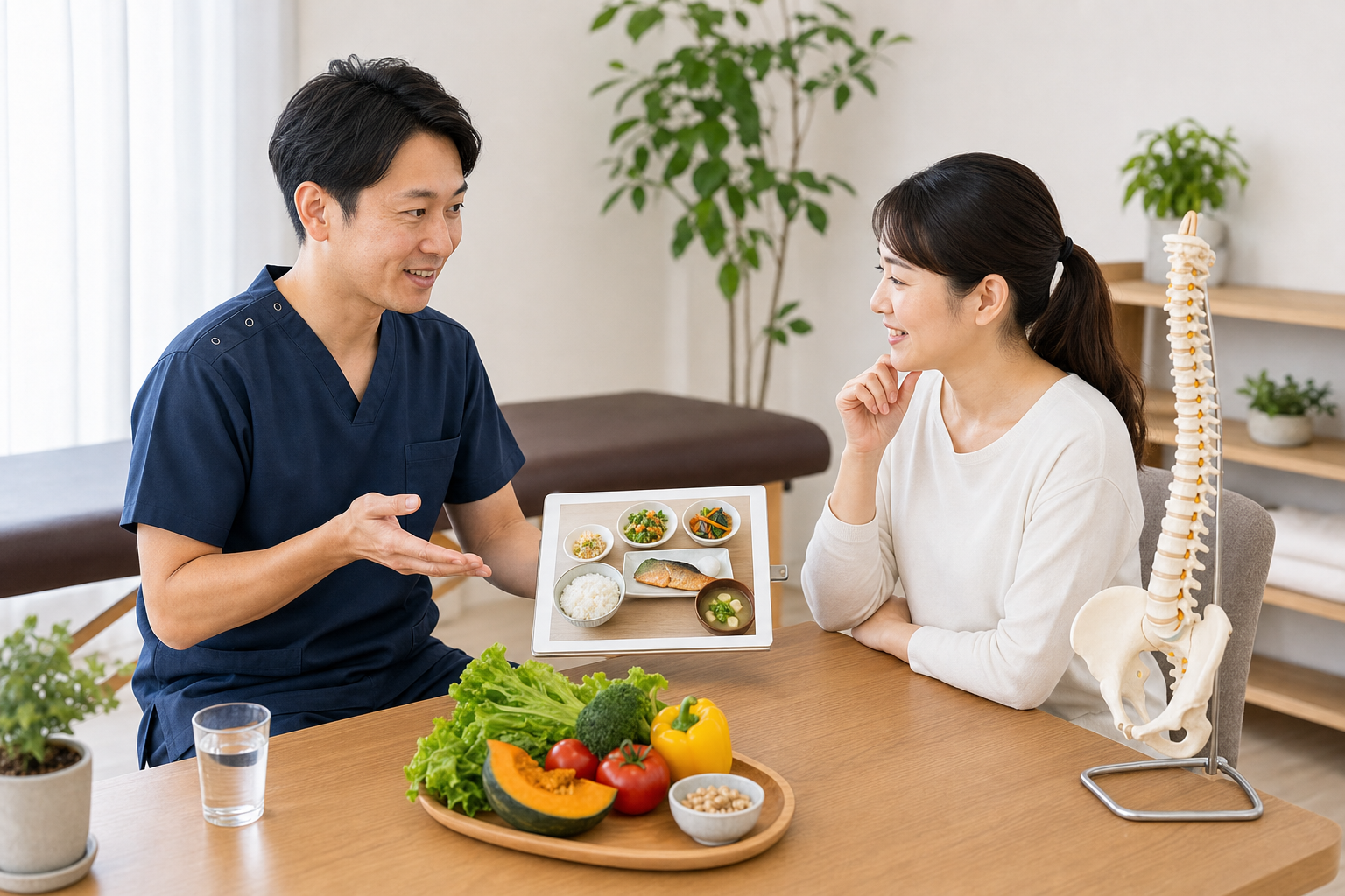 整体院で食事と姿勢の関係について相談する日本人女性のイメージ