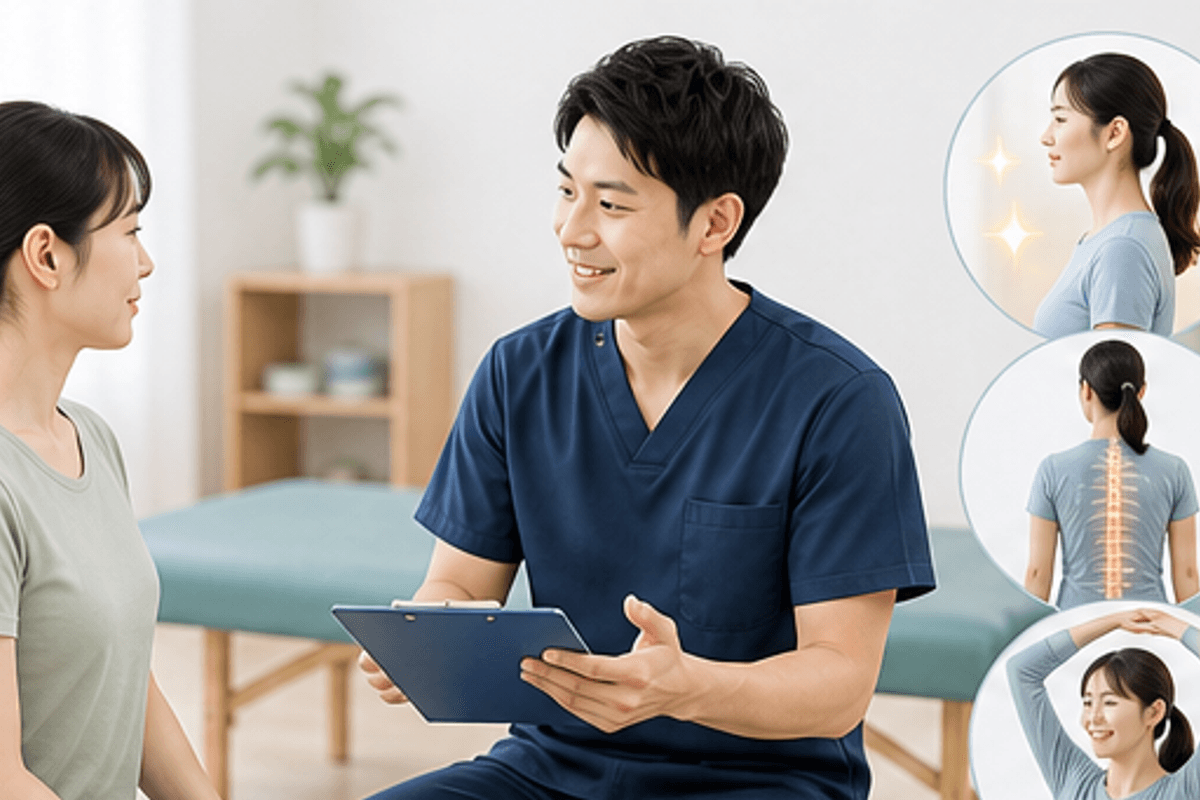 姿勢の崩れセルフチェック｜あなたは整体での矯正が必要？を図解した姿勢矯正の整体で得られる効果と選び方の説明画像
