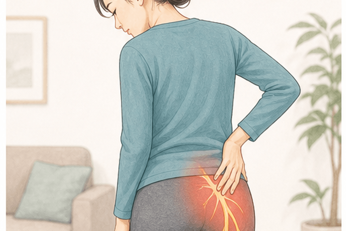 梨状筋症候群のストレッチで押さえるべき要点を図解した梨状筋症候群のストレッチ方法の説明画像