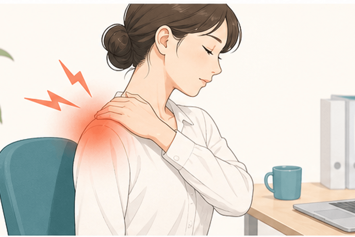 肩こりセルフチェック｜あなたの肩こりレベルは？を図解した座りながらできる肩こりストレッチの説明画像