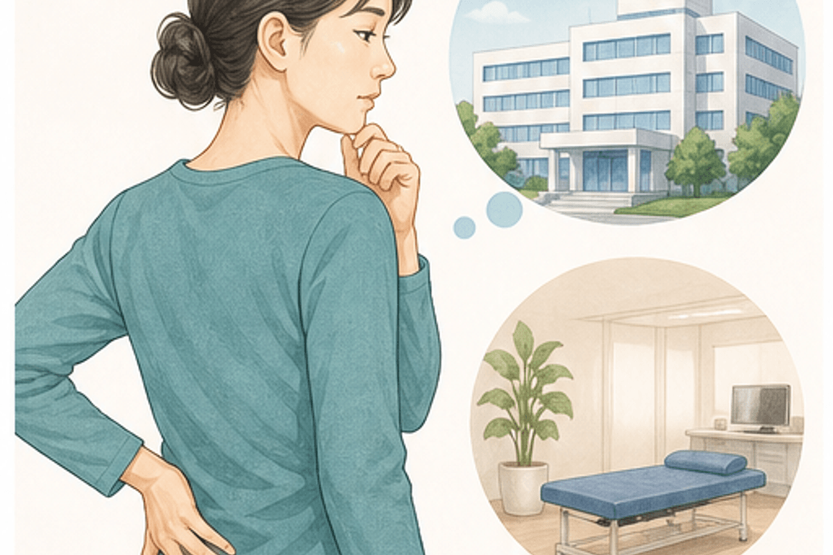 腰痛で「病院か整体か」迷う人が増えている背景を図解した腰痛は病院か整体かの説明画像