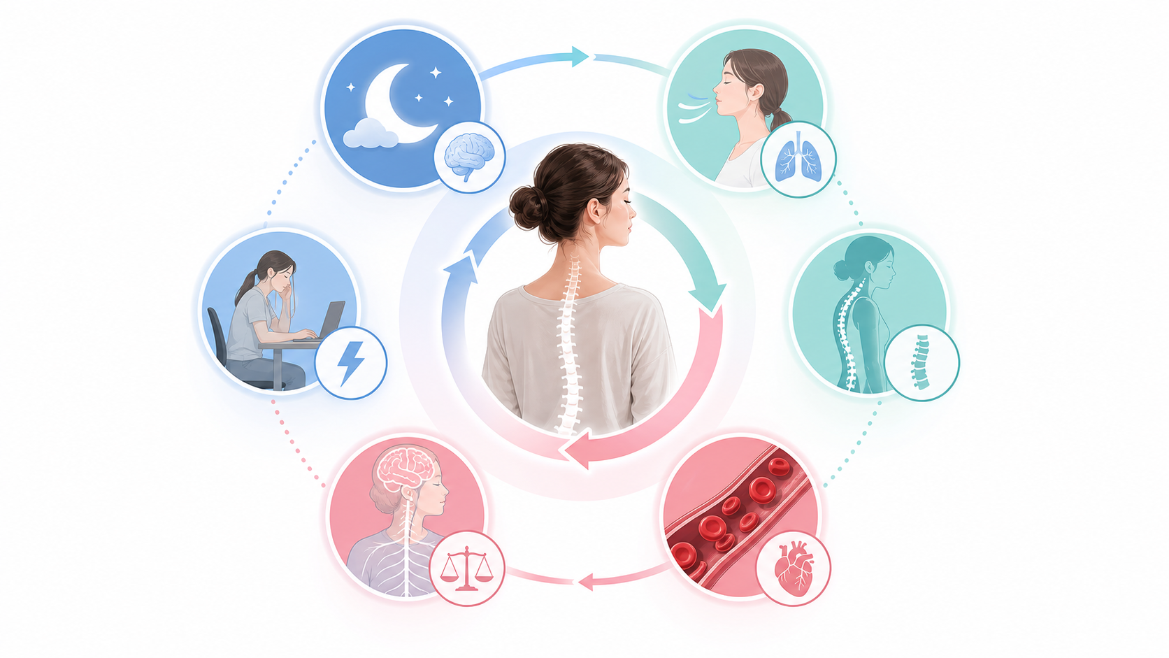 疲れが取れない仕組みを睡眠・呼吸・姿勢・血流・自律神経の回復サイクルで示す画像