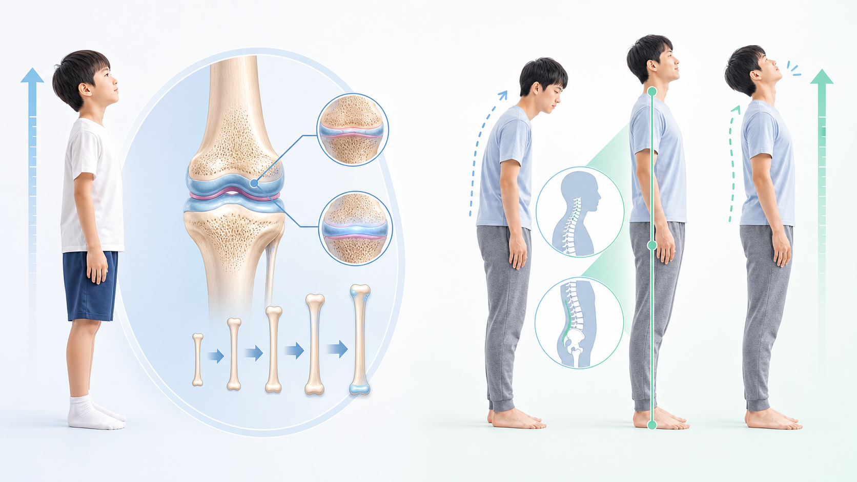 身長を伸ばす科学的事実として成長期の骨端線と大人の姿勢改善を示す画像