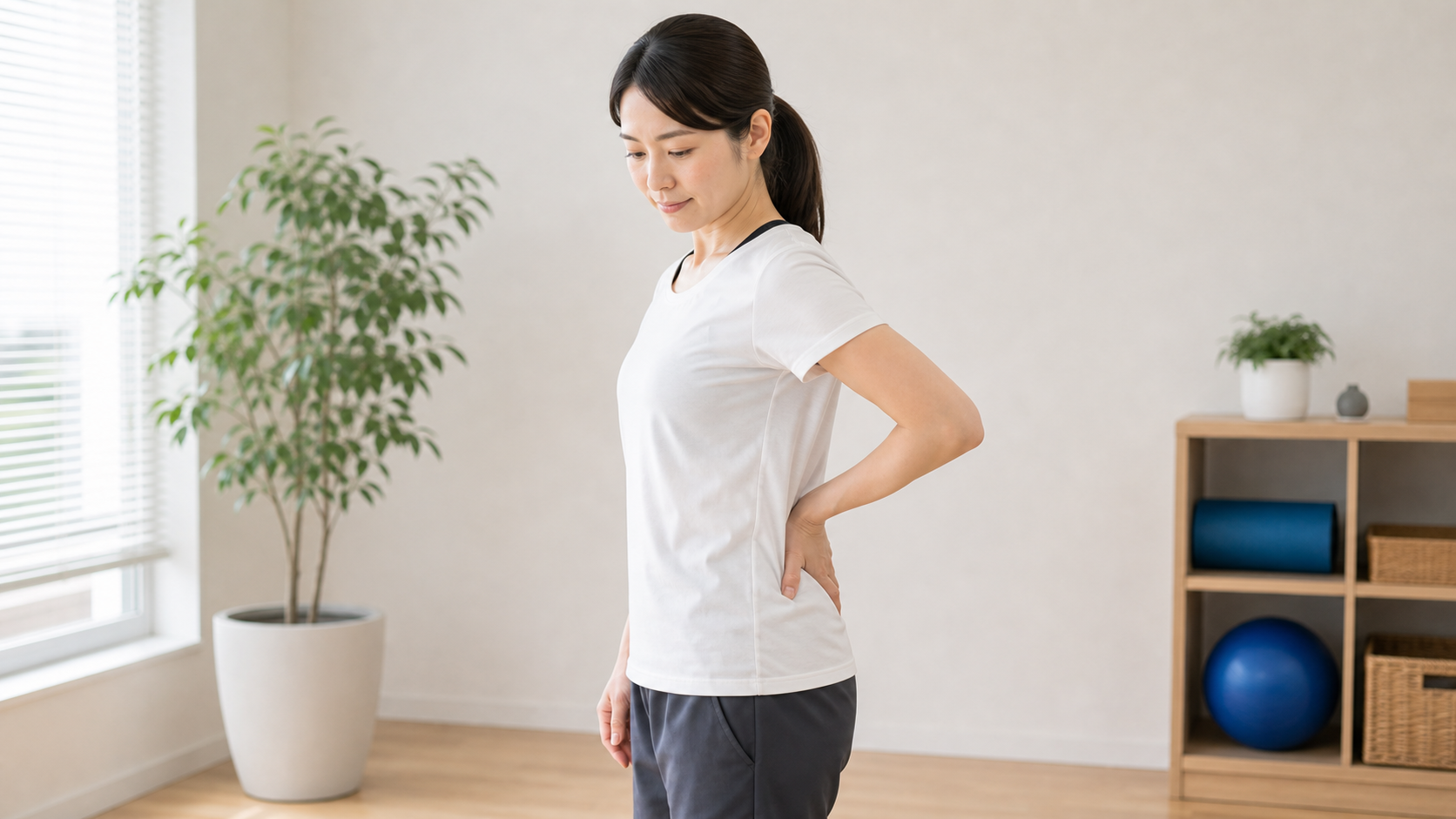 右腰の後ろの痛みをセルフチェックするイメージ