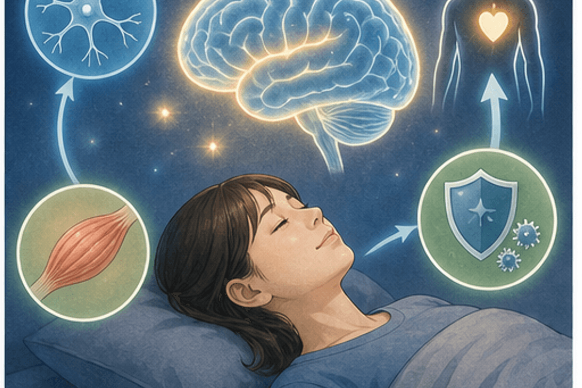 睡眠の大切さ｜質の良い睡眠がもたらす5つの効果を図解した睡眠の大切さの説明画像