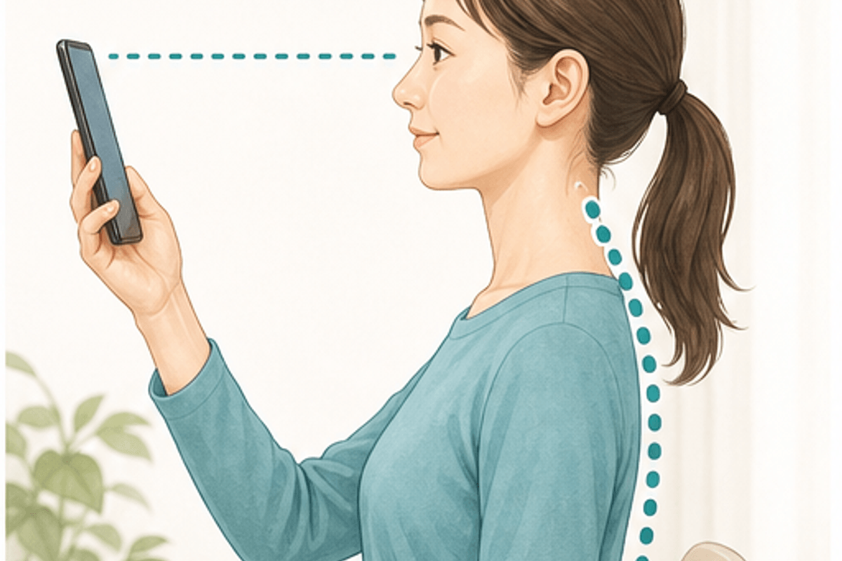 スマホ首とは｜首の生理的カーブが失われた状態を図解したスマホ首を改善する方法の説明画像