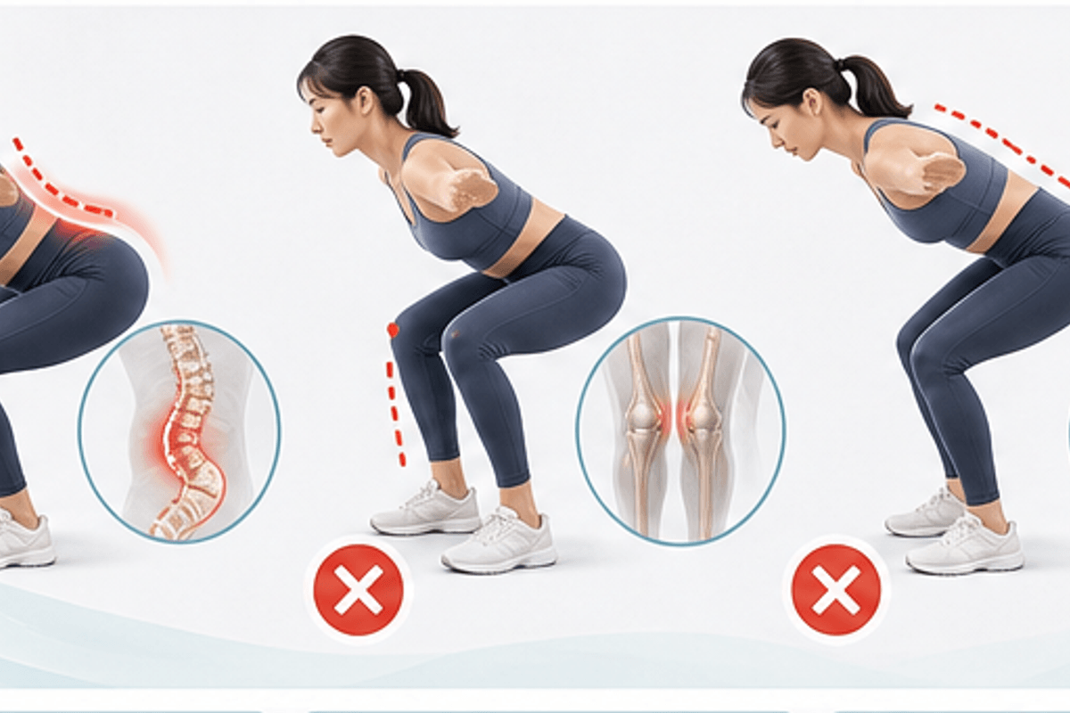 スクワットで腰が痛くなる7つの主因を図解したスクワットで腰が痛い原因の説明画像