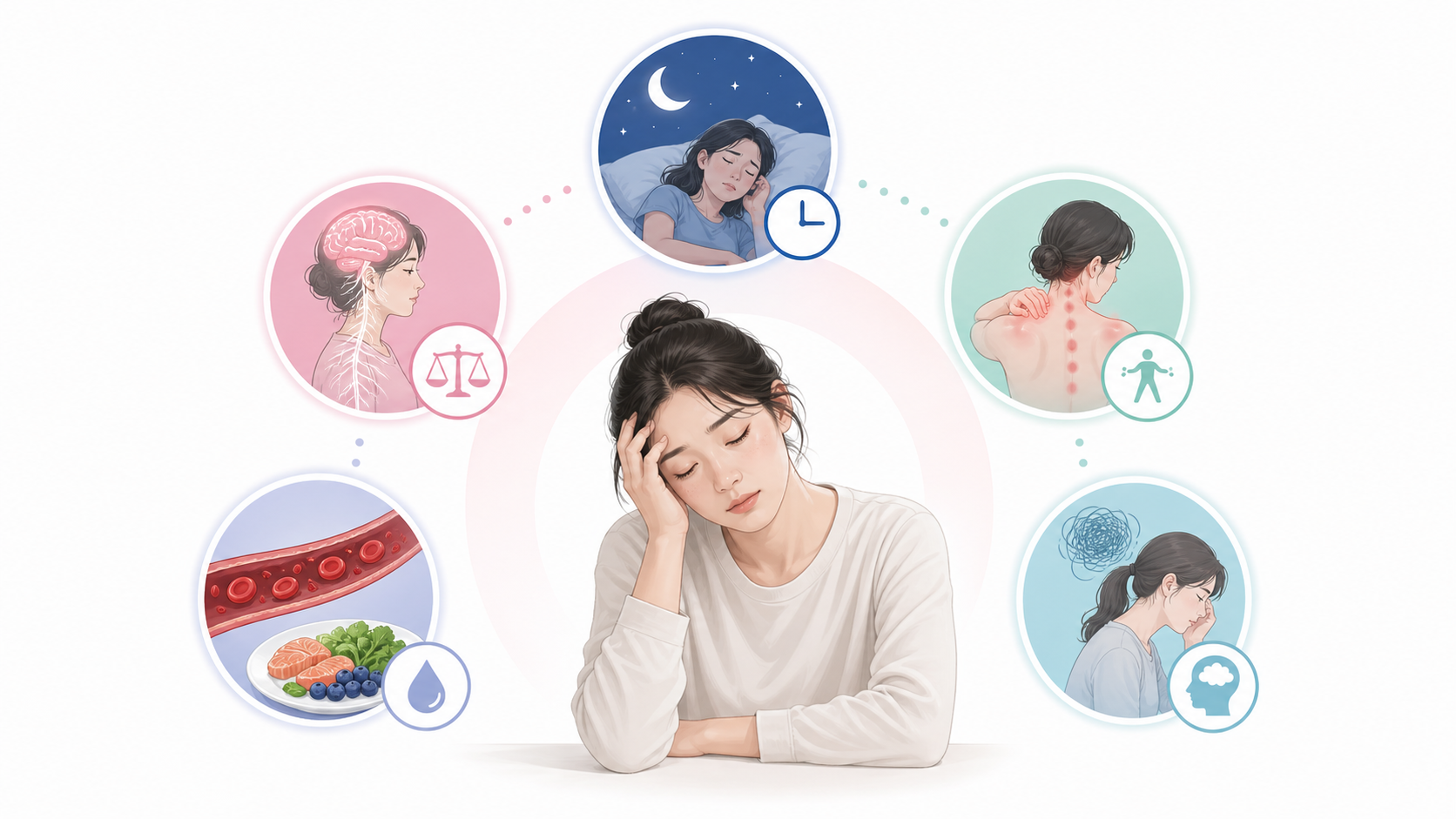 寝ても疲れが取れない原因を睡眠の質・自律神経・姿勢緊張・血流・ストレスで示す画像