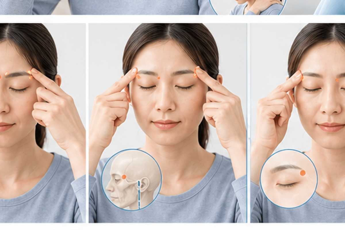 目の周りに位置する代表的なツボを図解した眼精疲労に効くつぼと押し方の説明画像