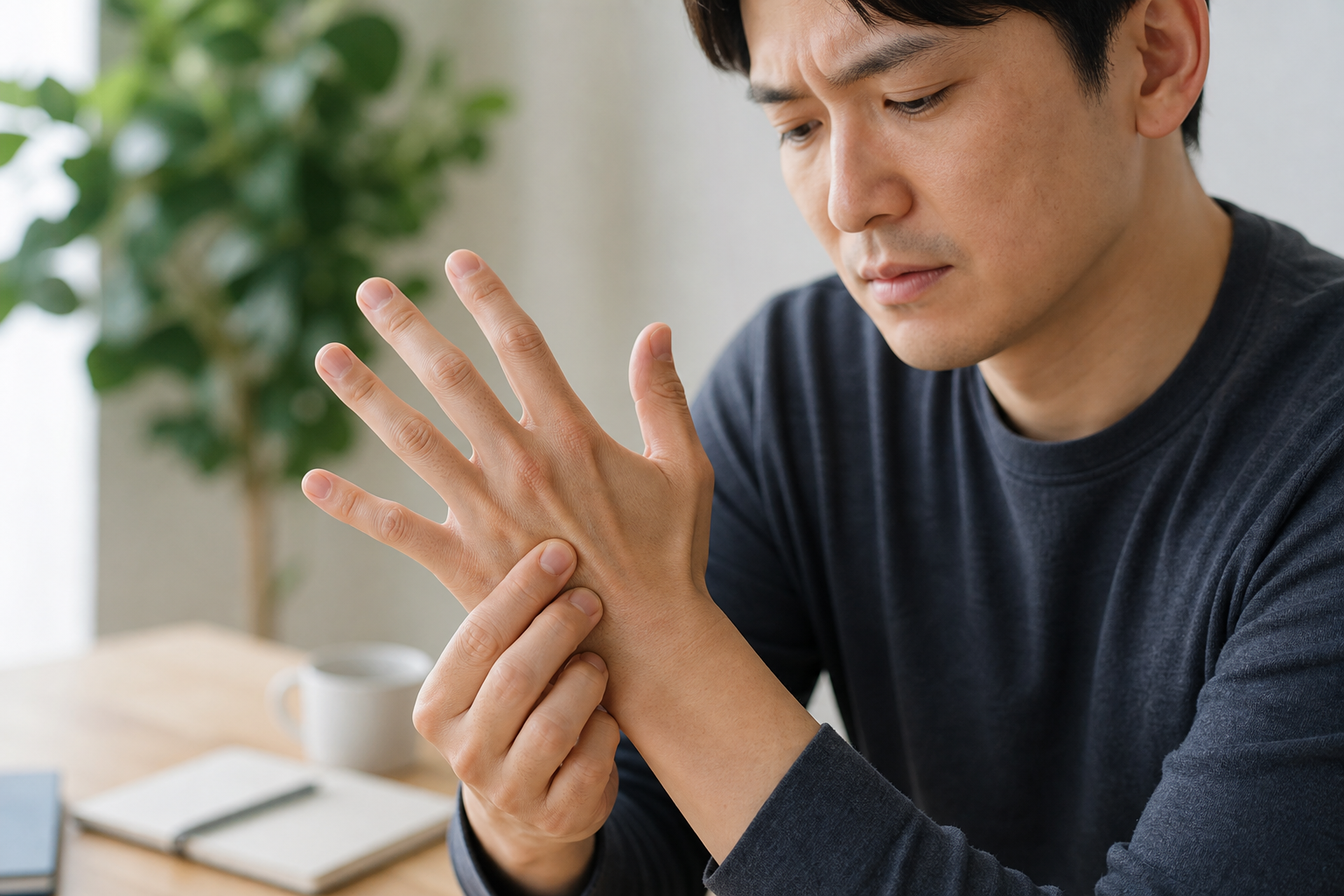 手のツボの痛い場所から体のサインを考えるイメージ