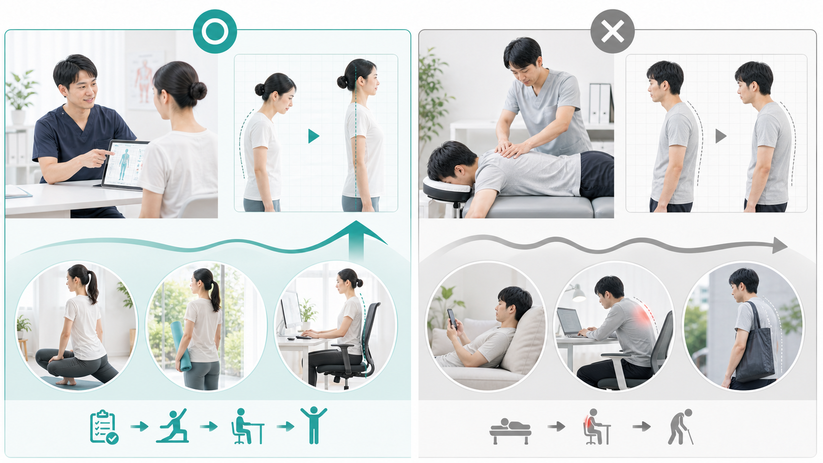 姿勢矯正で変わる人と変わらない人の生活習慣と継続の違いを比較した画像