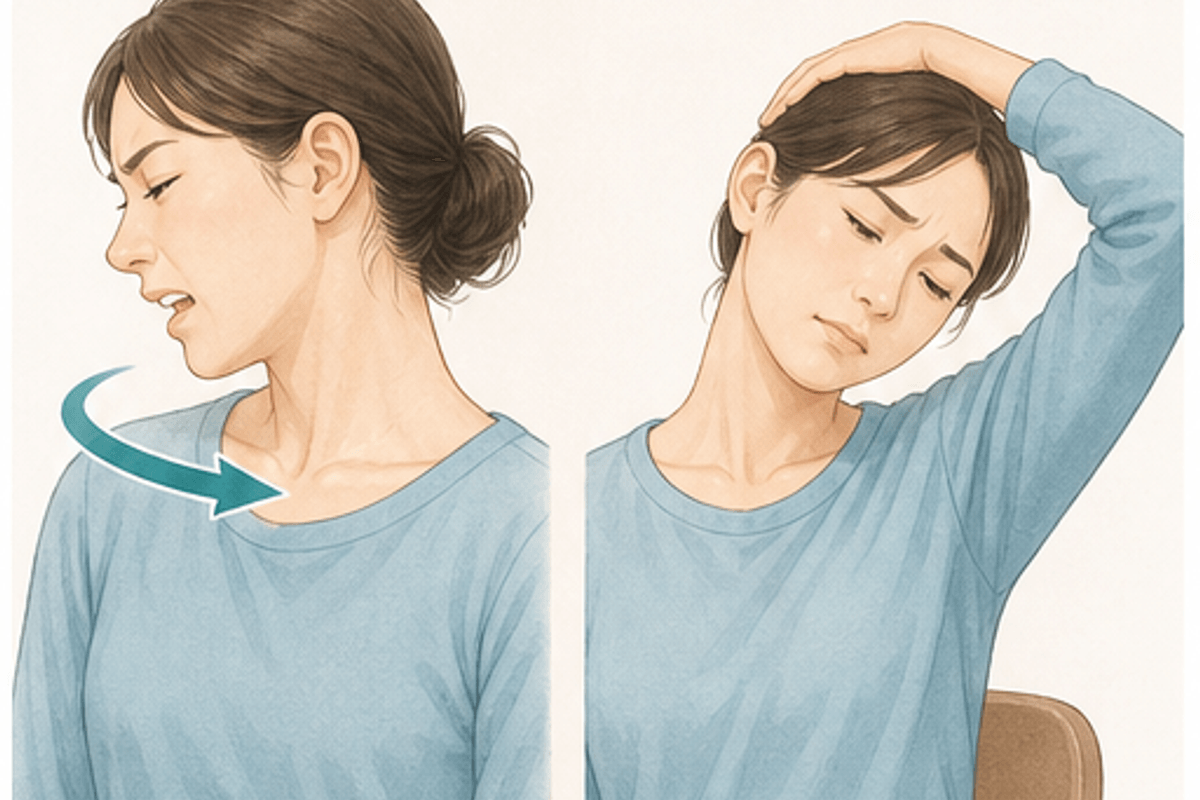 2〜3日目以降の対処：温めて少しずつ動かすを図解した寝違えの治し方の説明画像