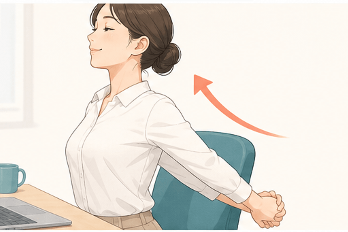 座ったままできる肩こりストレッチ8選を図解した座りながらできる肩こりストレッチの説明画像