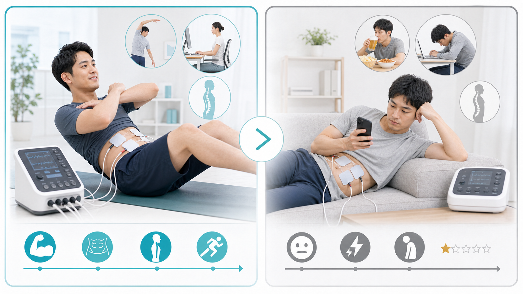 EMSの効果が出やすい人と出にくい人の運動習慣と姿勢ケアの違いを比較する画像