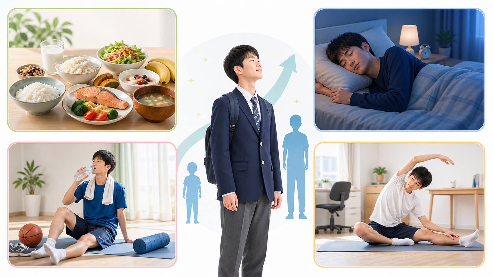 中学生高校生の成長スパート期に大切な睡眠・食事・運動・姿勢ケアを示す画像