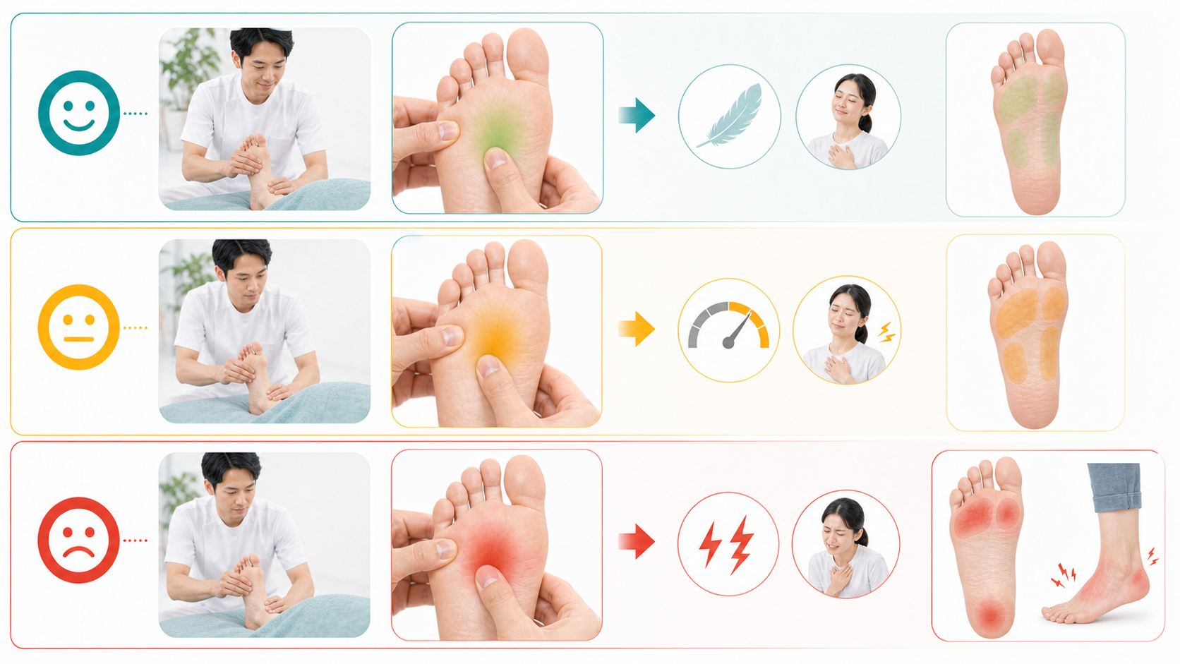 足ツボの痛みを痛気持ちいい・強すぎる痛み・受診が必要な痛みに分ける画像